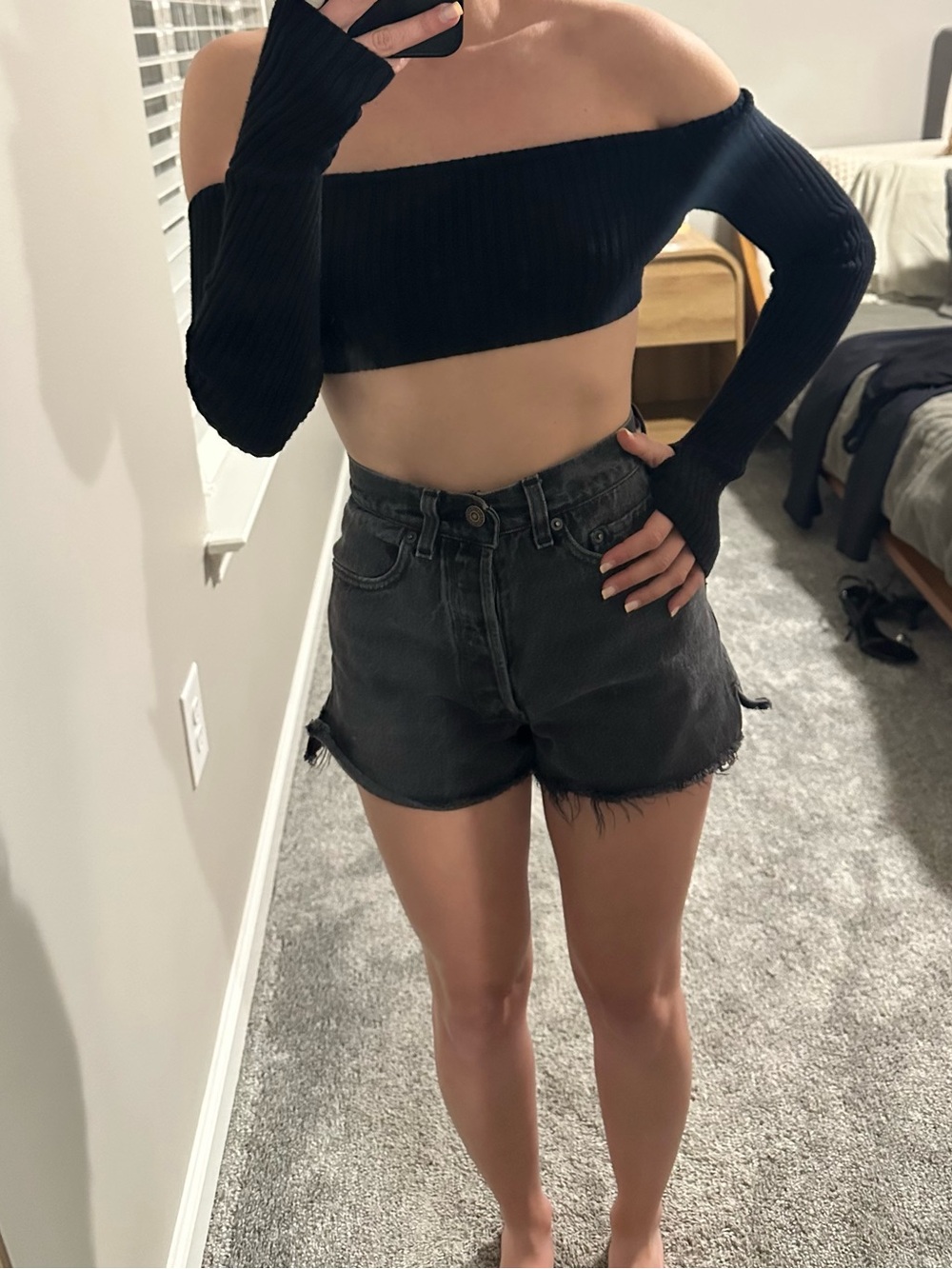 superdown Black Ribbed Off-the-Shoulder Crop Top